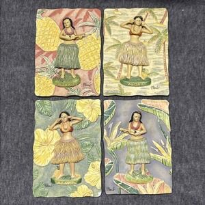 4 Vtg ALOHA Wall Plaque 3D Hula Woman &‎ Ukulele Hawaii 4.5" x 6.5" by P. Brent